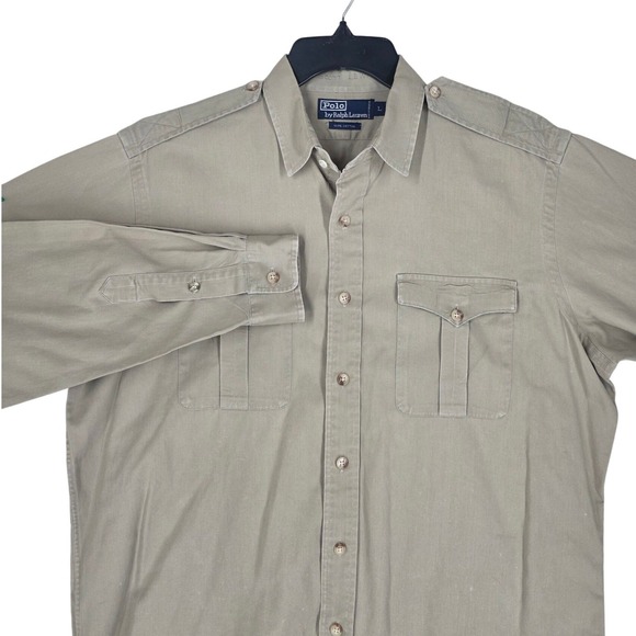 Polo Ralph Lauren Other - Vtg Y2K Polo Ralph Lauren Shirt Mens L Khaki Cotton Twill Safari Epaulette LS